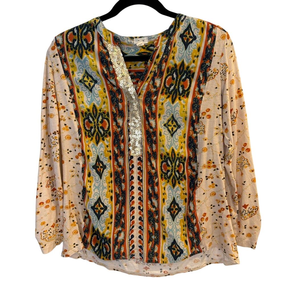 Anthropologie TINY Devas Sequin Popover Tunic Top Mixed Print Boho Blouse Small